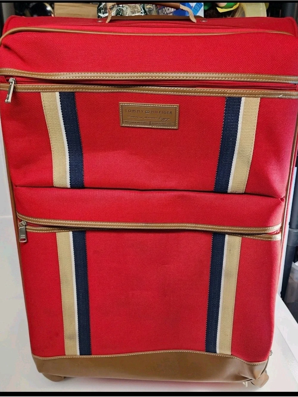 Tommy Hilfiger Red Carry-On Spinner with Striped Trim